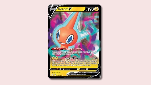 Rotom V Pokémon card on a pink background.