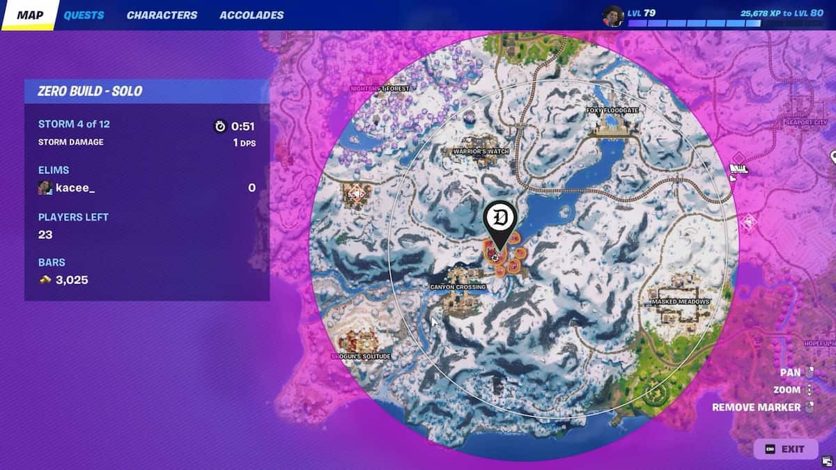 Shogun's Arena marked on a map in Fortnite.