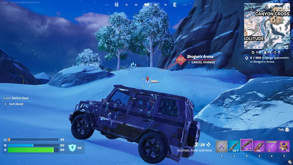 The Shogun Arena's Marker above a black car in Fortnite.