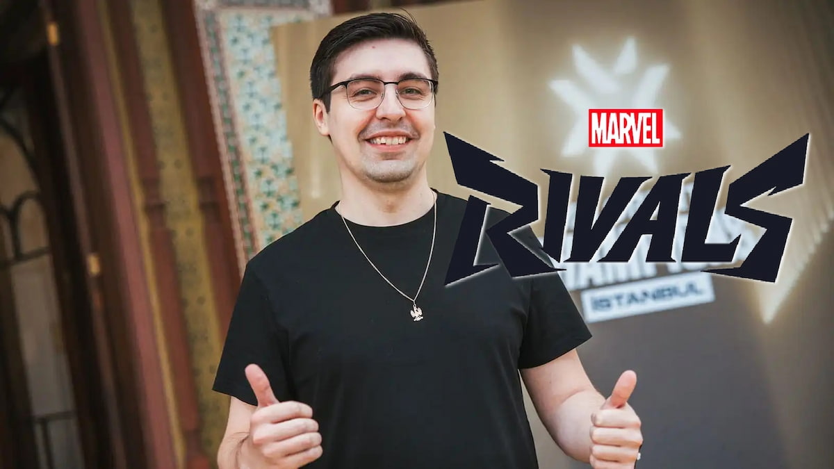 Shroud standing next to a Marvel Rivals logo