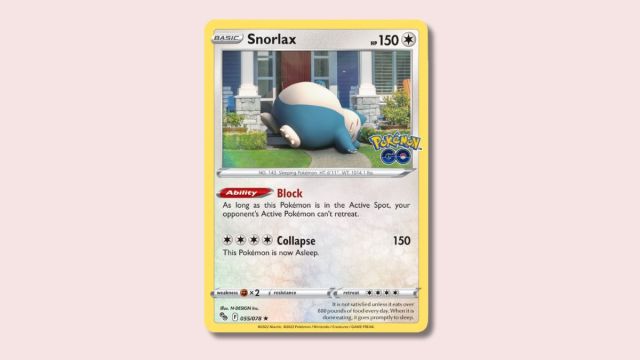 Snorlax Pokémon card on a pink background.