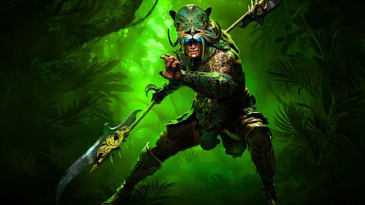 The Diablo 4 Spiritborn class brandishing their weapon against a green forested background