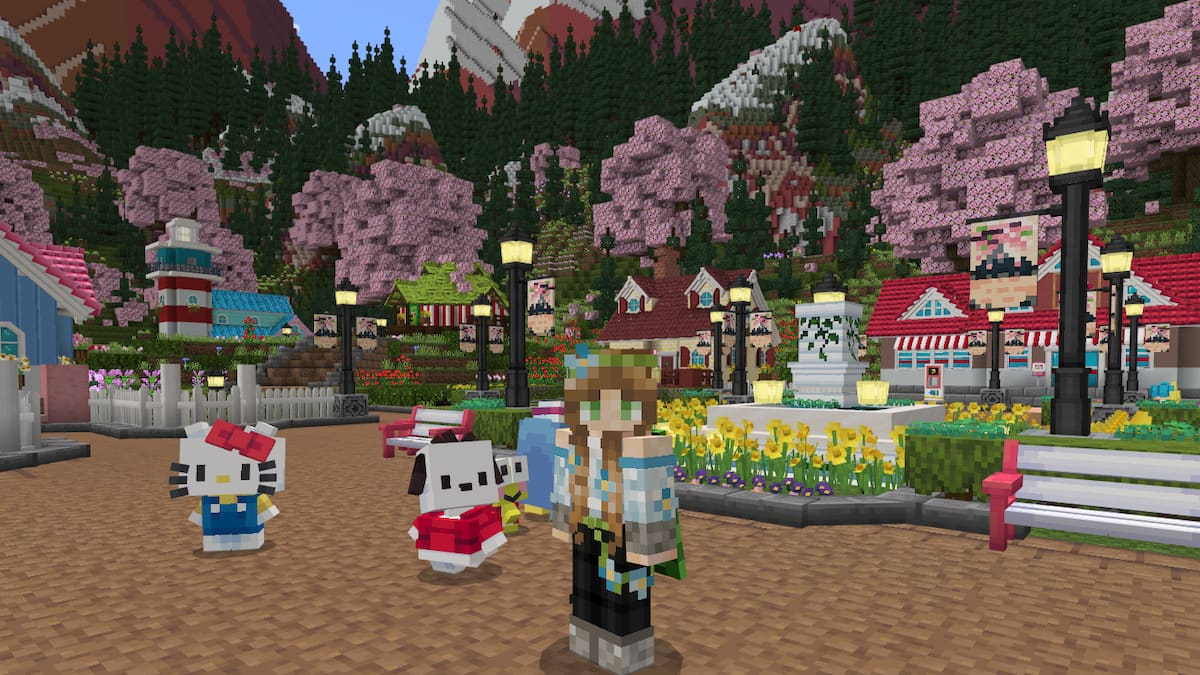 A player wearing a green and blue flower crown, a blue top, and black pants standing with Hello Kitty and some of her friends in Minecraft.