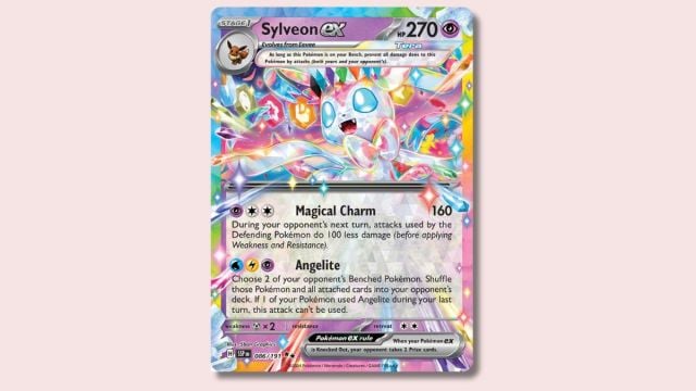 Sylveon ex Pokémon card on a pink background.