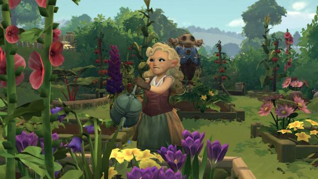 A blonde hobbit gardening in Tales of the Shire.