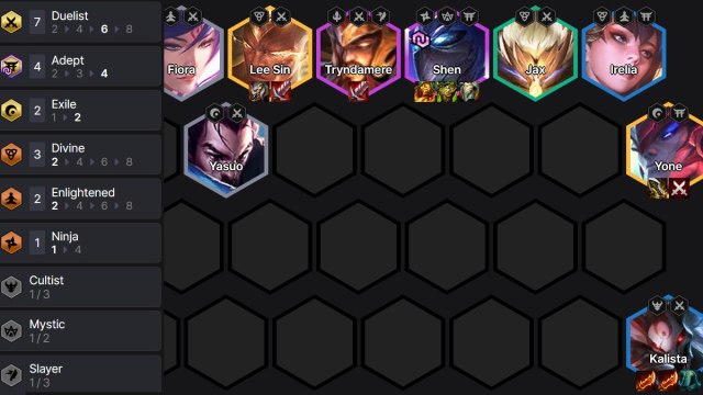 TFT hexagonal board with units placed and items and traits listed for Kalista Duelist