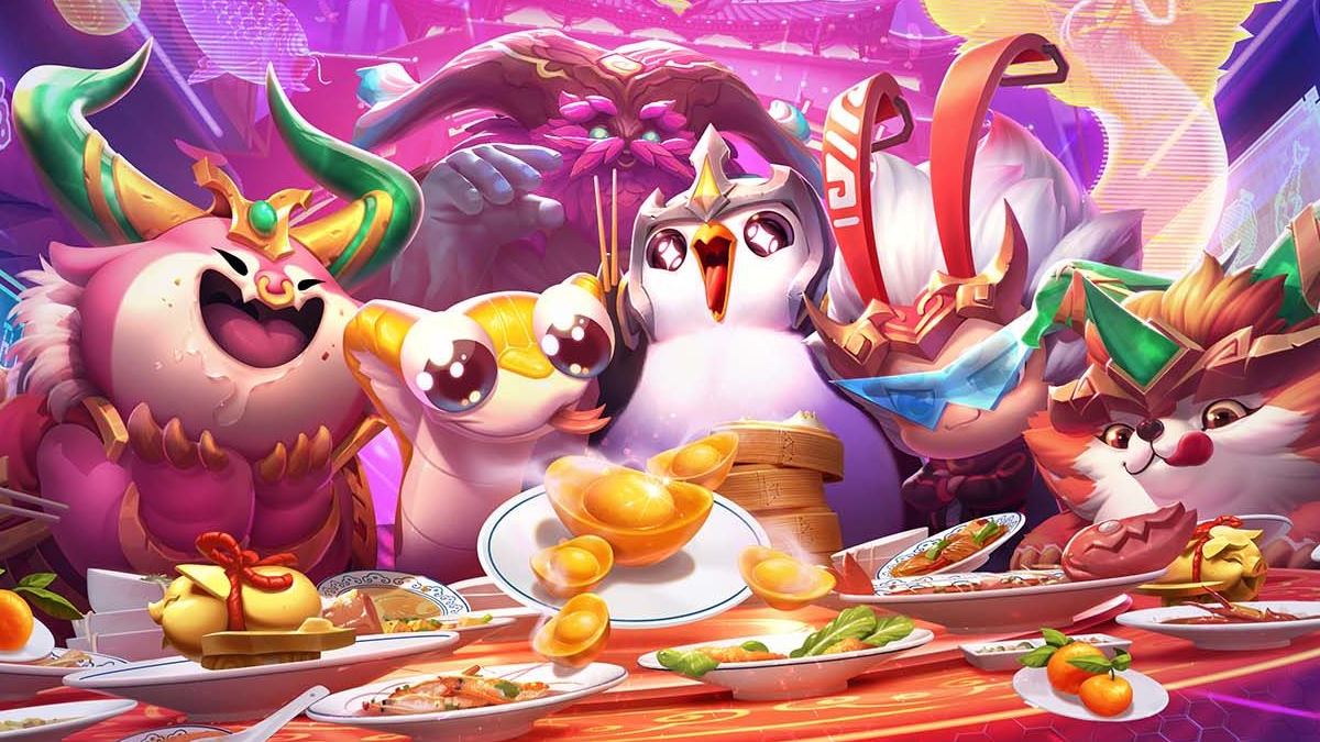 TFT festival of beasts splash art with Pingu Ornn and other units eating food and celebrating at a dinner table