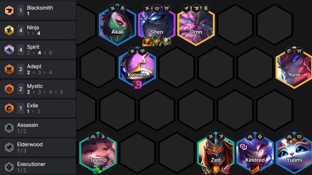 TFT hexagonal board with units placed and items and traits listed for Zed Spirit comp