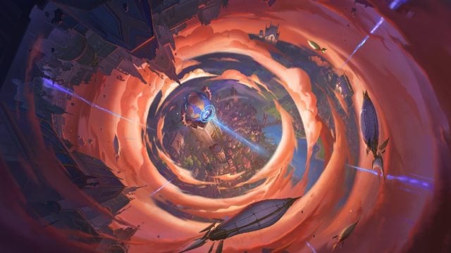 Teamfight Tactics set 13 portal art showing massive sky portal between piltover and zaun