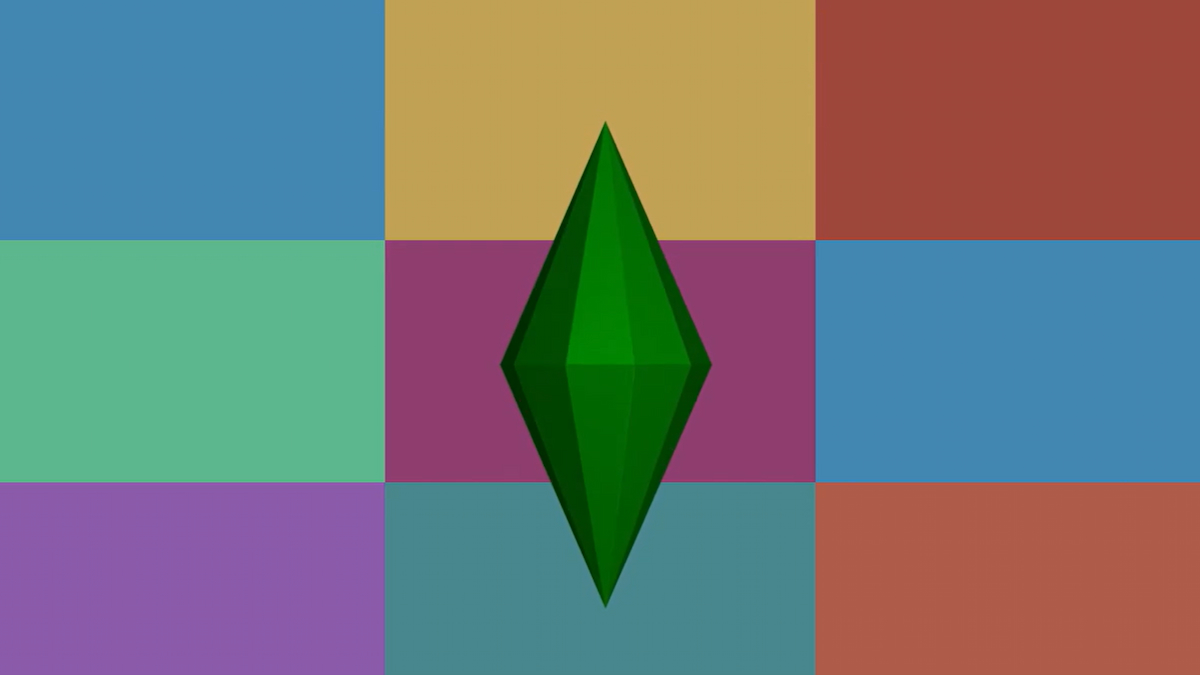 A green The Sims 1 Plumbob teaser on a colorful checkered background from The Sims 25 anniversary video.