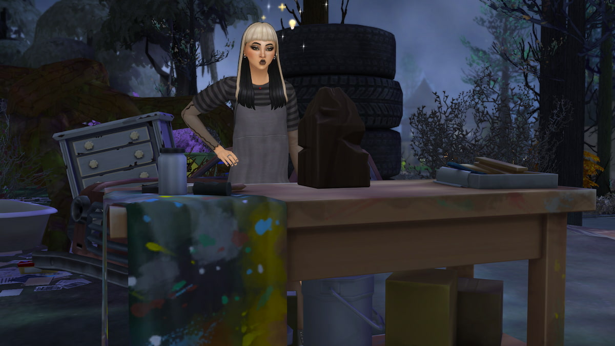 A Sim standing with her hand on her hip looking at a wooden block she's building in The Sims 4.