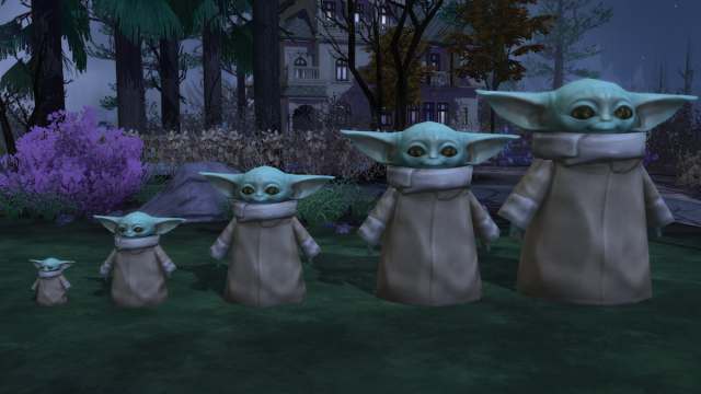 Five The Child Grogu statues in different sizes lined up next to each other in The Sims 4.