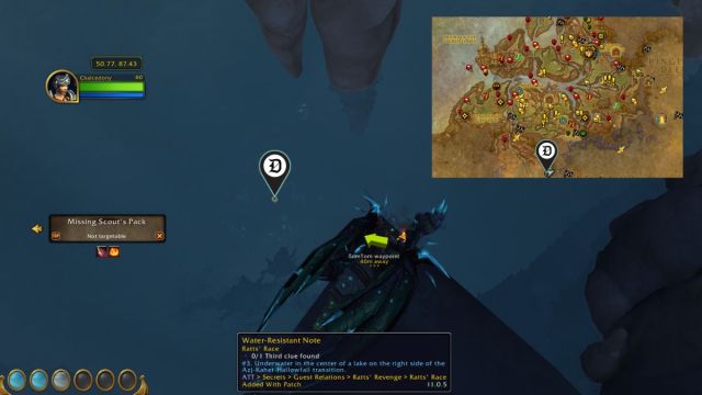 Small note underwater in World of Warcraft indicated by a map and marker with dragon mount.