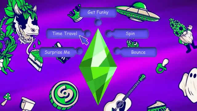 A teaser from The Sims's 25th anniversary video with a green Plumbob surrounded by five options including Time Travel.