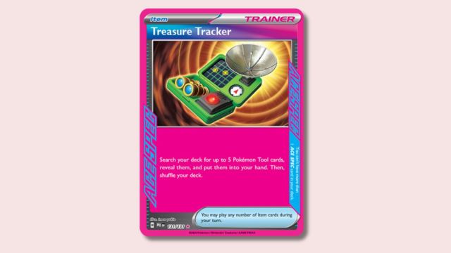 Treasure Tracker ACE SPEC Pokémon card on a plain pink background.