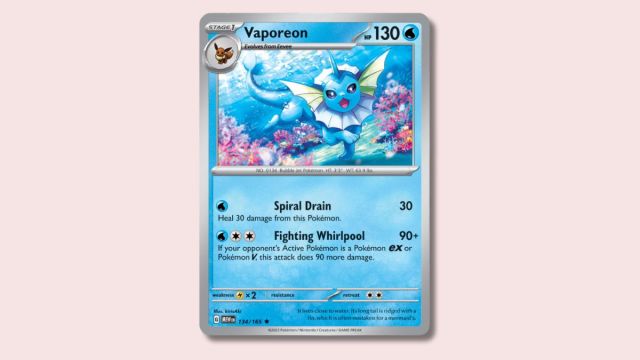 Vaporeon Pokémon card on a pink background.