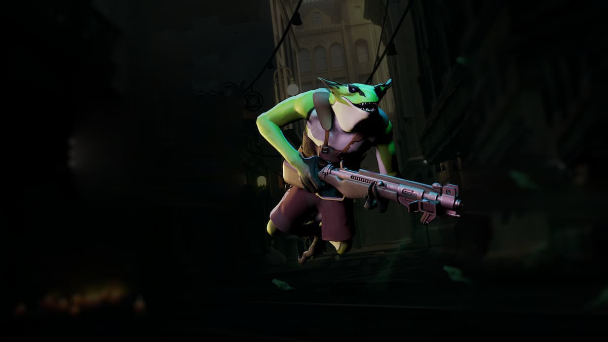 The Vyper hero in Deadlock. She looks like a frog or some other semi-aquatic creature but bipedal and carrying a weapon with leather straps around her shoulders.