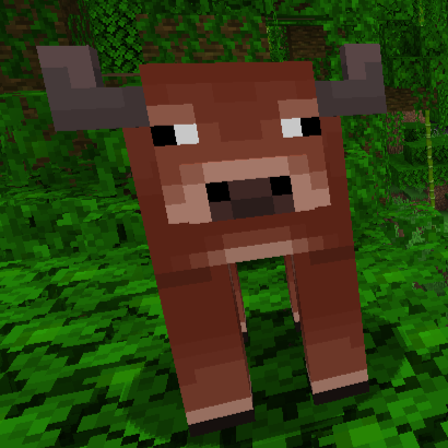 A reddish colored warm cow with big horns in Minecraft.