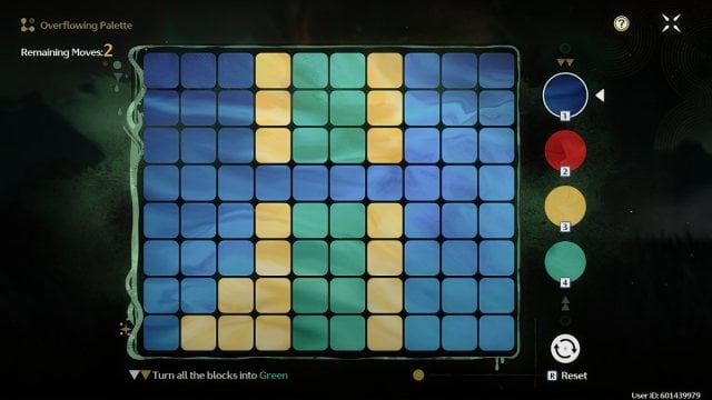 Wuthering Waves pallete board with blue on left and right and middle parted by yellow and green columns in middle horizontally