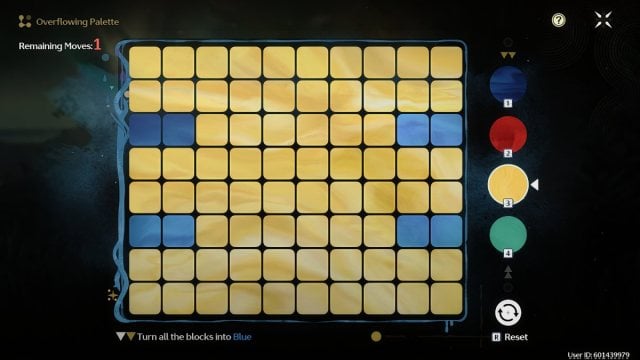 Wuthering Waves pallete board with mostly yellow section with eight blue blocks around it