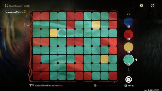 Wuthering Waves pallete board with large green areas in four quadrants and red and yellow patterns across