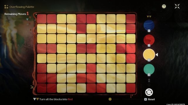 Wuthering Waves pallete board with yellow quadrants with some red patterns