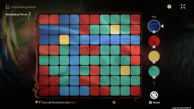 Wuthering Waves pallete board with blue cross area and yellow dots with red patterns and large green sections dotting it