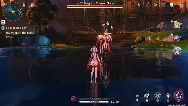 Wuthering Waves camellya against boss knight of crimson moon at level 87 standing on a lake