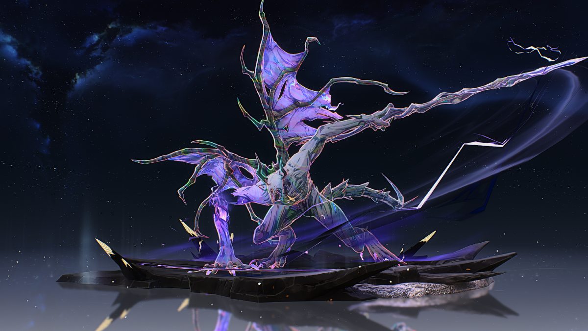 Wuthering Waves Nightmare Thundering Mephis echo model with monster with shiny purple appearance holding sword