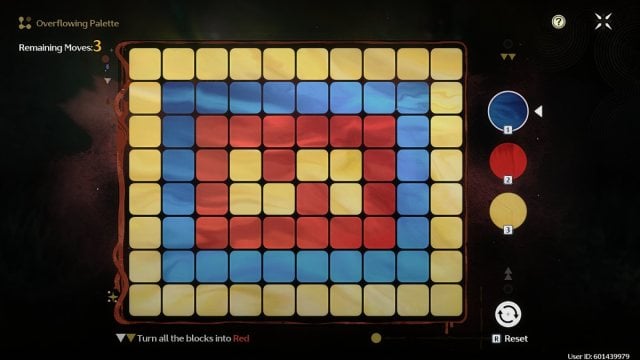 Wuthering Waves pallete board with a yellow board of blocks with a blue rectangle shape in middle with red and yellow blocks in it