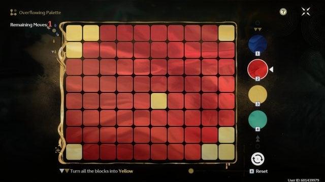 Mostly red pallete board with yellow in middle and around corners