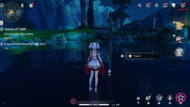 Wuthering Waves character interacting with floating sword on lake