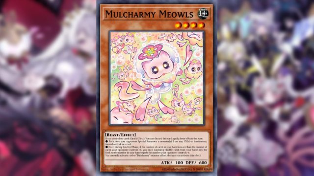 Yugioh card from Supreme Darkness mulcharmy meowls pink cartoonish cat artwork over green flowery background