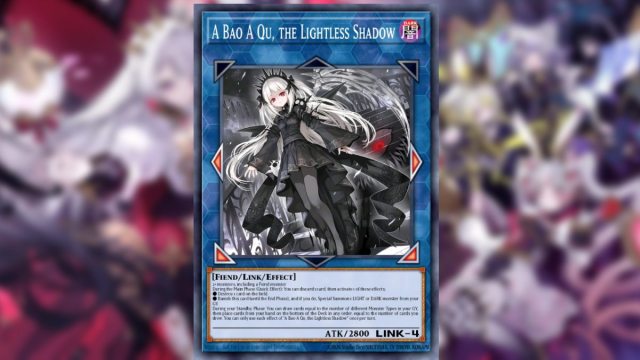 Yugioh card from Supreme Darkness a bao a qu link 4 monster with girl in gothic black dress with red eyes and white hair and skin