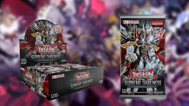 Yu-Gi-Oh! blurred background with pngs for Supreme Darkness booster box and booster pack with Evil hero neos lord artwork on them