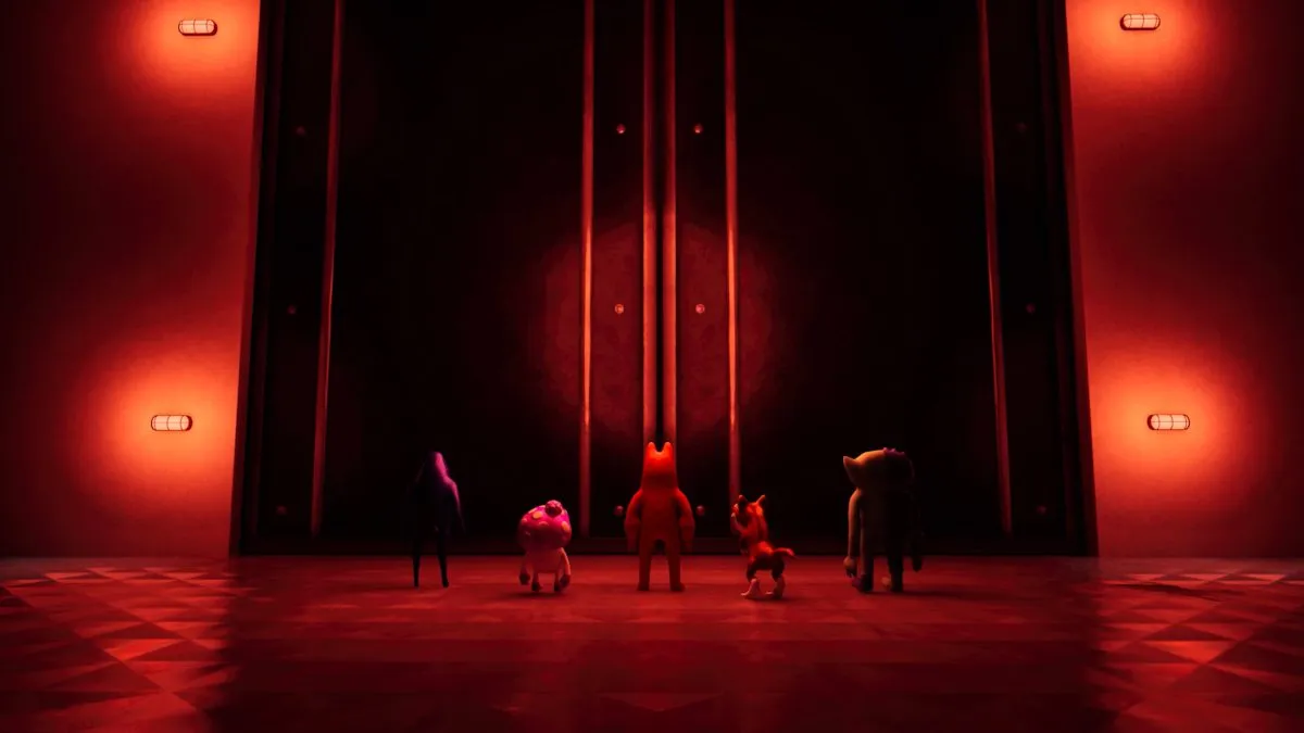 Line up of five cases facing giant doors in a room lit in a right light, their backs turned away from the camera