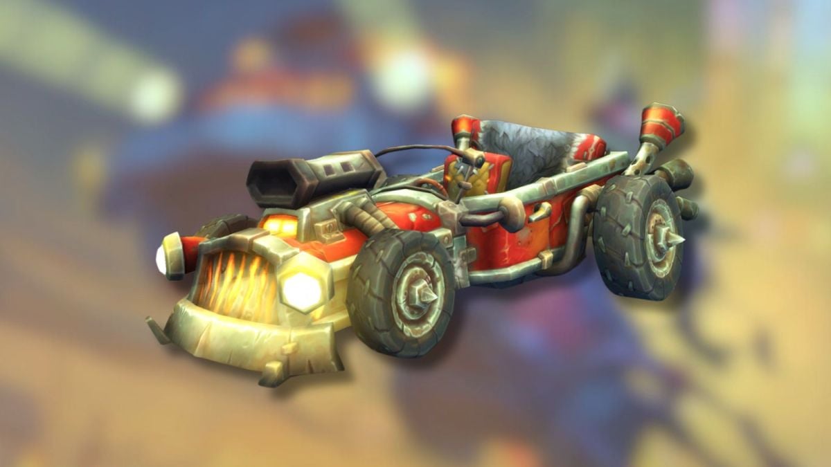 DRIVE car in World of Warcraft with blurry key art background.