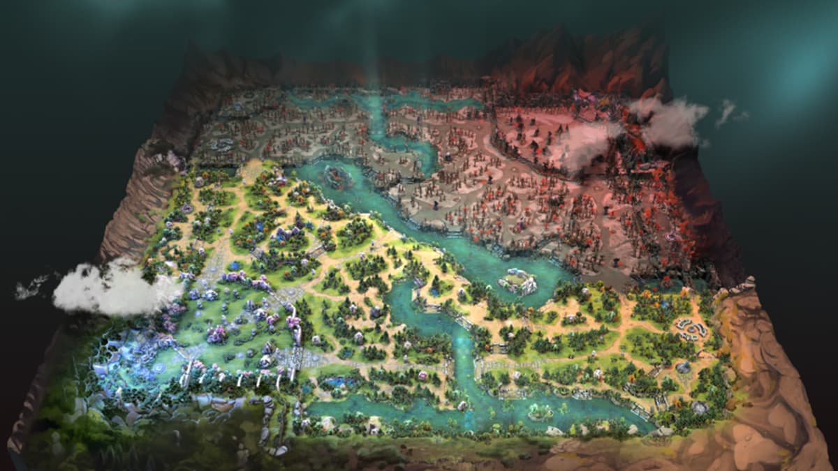 Overhead map image with the land and flowing rivers showcased in different landscapes