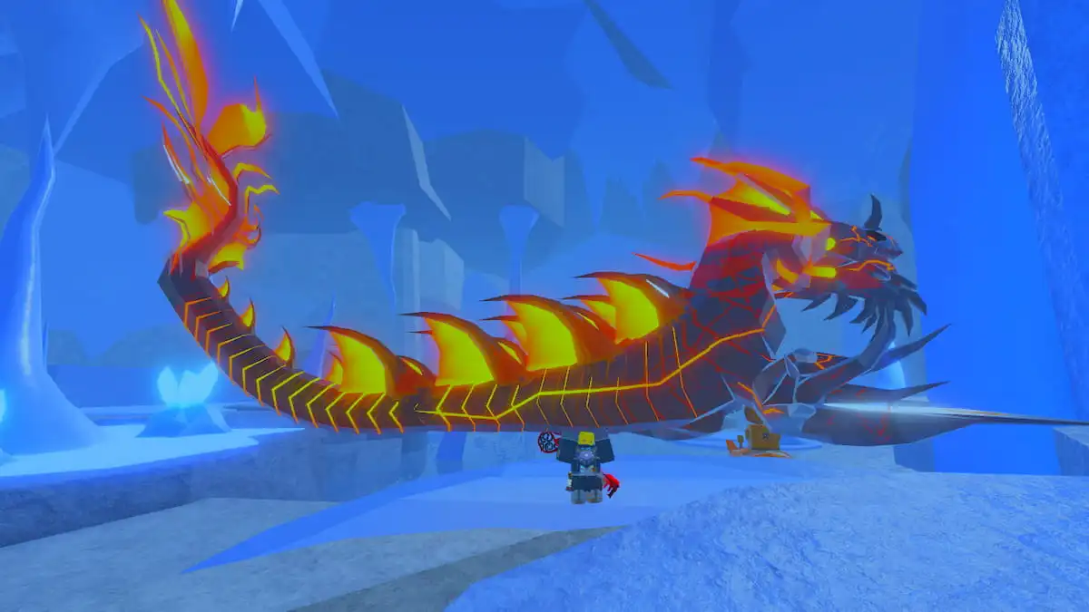 Picture showing a player holding the Magma Leviathan in Fisch.