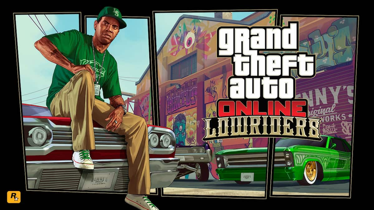 An image of the GTA Online Lowriders DLC key image, which features an artistic drawing of Lamar sitting on a car.