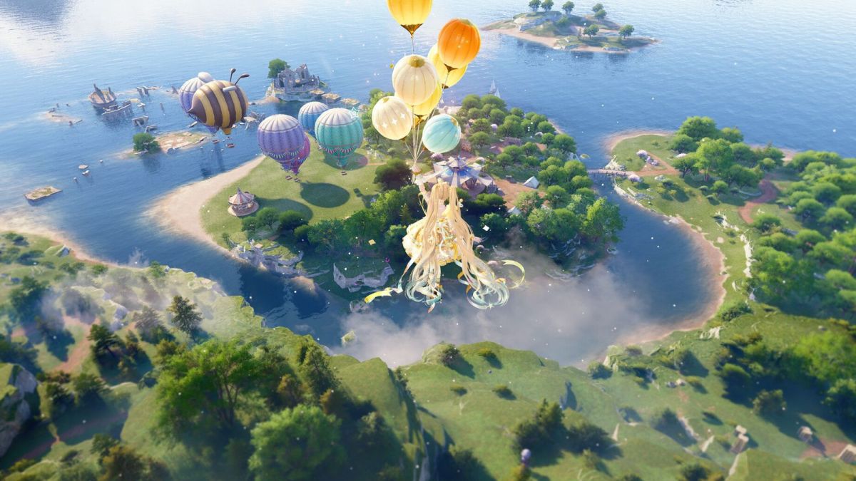 Infinity Nikki image showing Nikki flying over the Firework Isles with balloons.