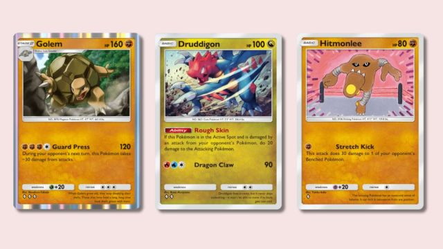 Golem, Druddigon และ Hitmonlee Pokémon TCG TCG TCG TCG Poke บนกองทุนสีชมพู