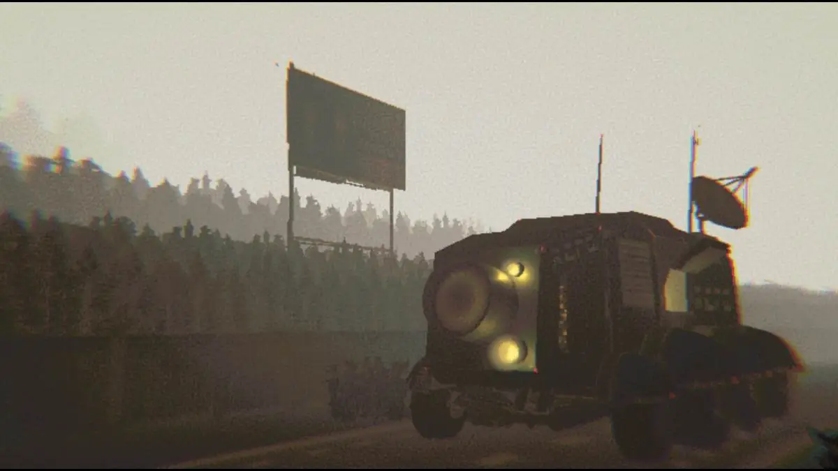 The tax payer lorry in R.E.P.O driving down a road with a sign in the background right before the main menu and game title appears