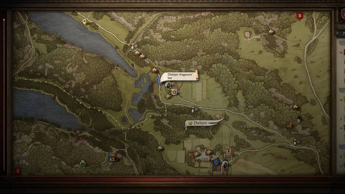 The map in Kingdom Come Deliverance 2 showcasing the lay of the land while highlighting Zhelejov Wagoners' Inn