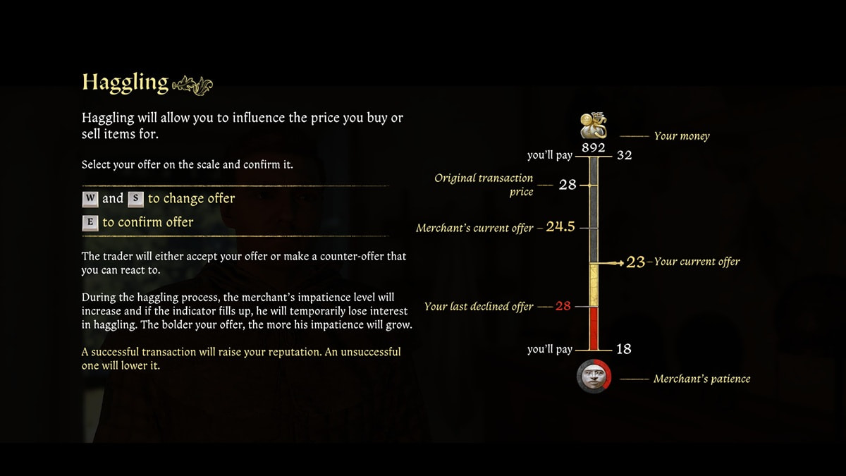 Black tutorial screen showcasing the Haggling skill and how to perform it in Kingdom Come Deliverance 2