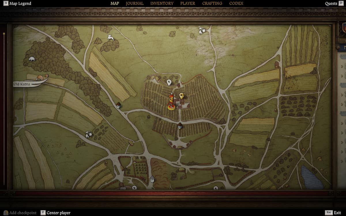 Map location showcasing the main character and certain key points of interest in Kingdom Come Deliverance 2