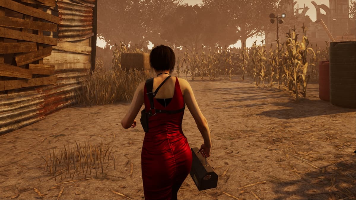 Ada in a red dress in a cornfield