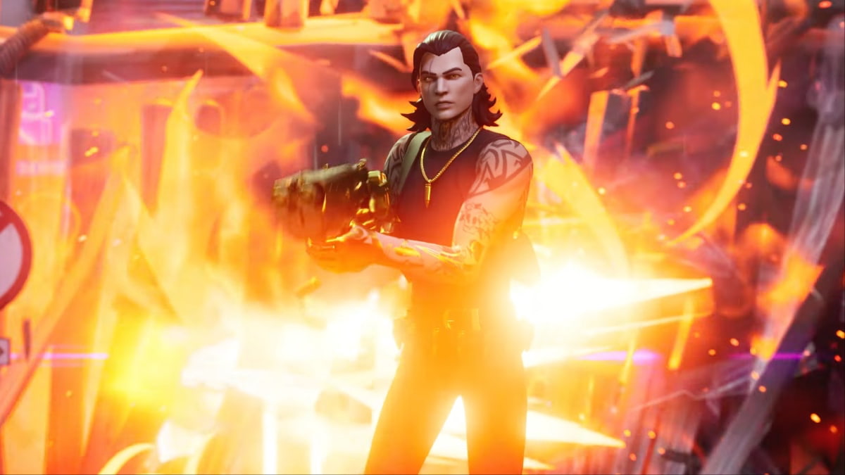 heist midas in fortnite trailer with explosions behind him