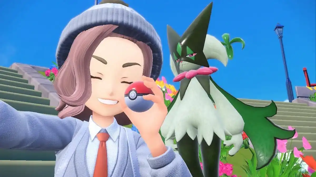 Pokémon trainer taking a selfie with Meowscarada in Scarlet and Violet.