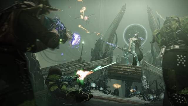 Guardians face a Subjugator in the Nether, inside the Dreadnaught.